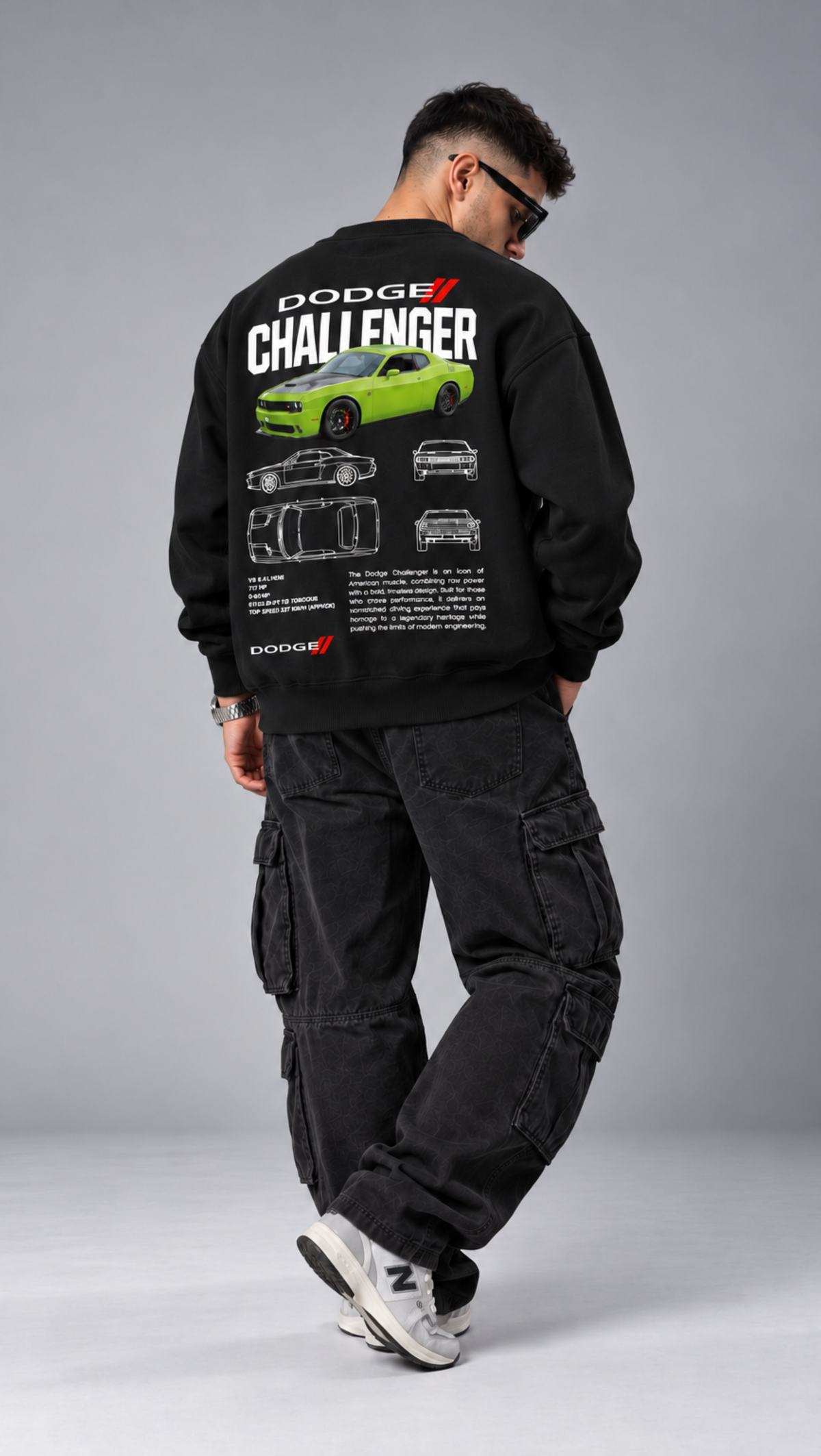 Dodge Challenger wordmark and Hellcat back print on the Dripzy black fleece sweatshirt