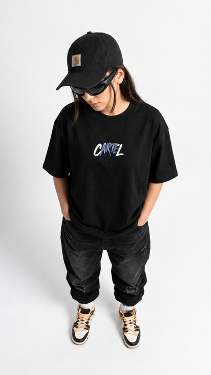 Dripzy Cartel oversized tee black - poster-style graphic streetwear t-shirt Pakistan