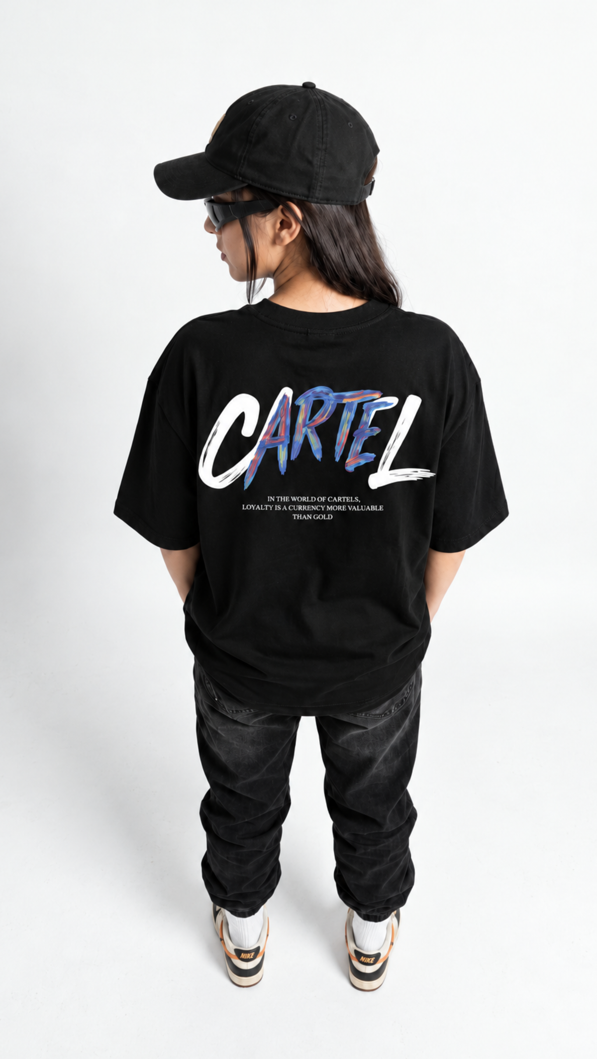 Cartel graphic detail on the Dripzy black oversized cotton tee