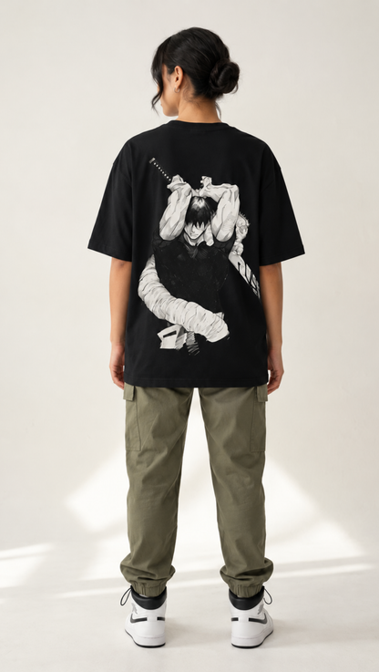 Toji Fushiguro print shown close up on the Dripzy black oversized tee