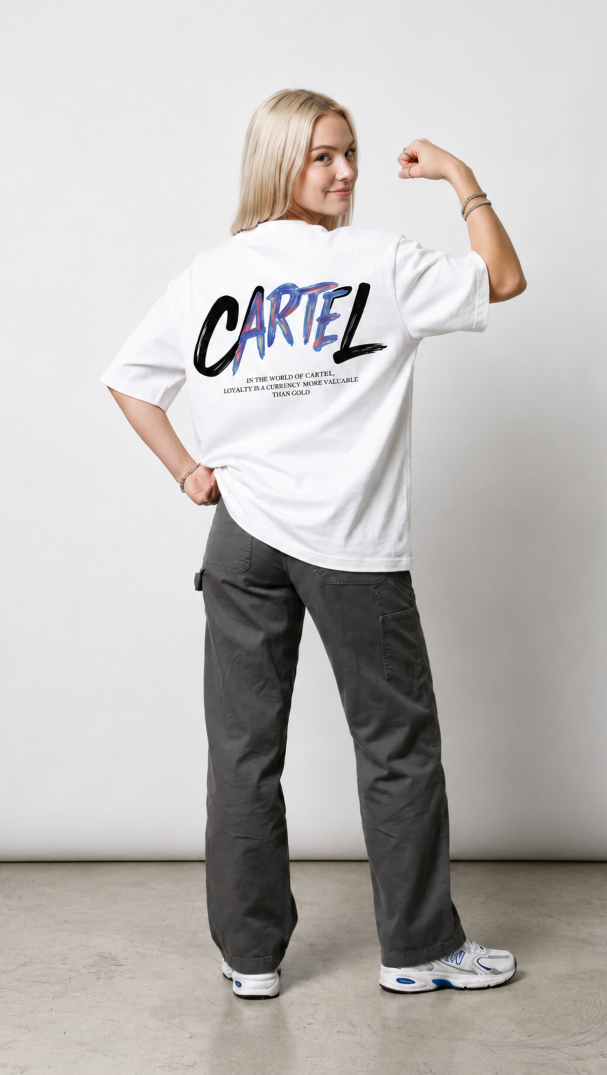 Dripzy Cartel oversized tee white - poster-style graphic streetwear t-shirt Pakistan