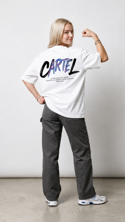 Dripzy Cartel oversized tee white - poster-style graphic streetwear t-shirt Pakistan
