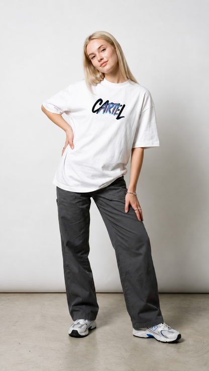 Cartel poster print detail on the Dripzy white oversized cotton tee