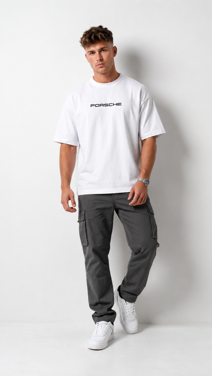 Dripzy Porsche oversized tee white - automotive graphic streetwear t-shirt Pakistan