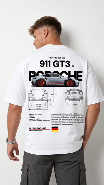 Porsche car print detail on the Dripzy white oversized cotton tee