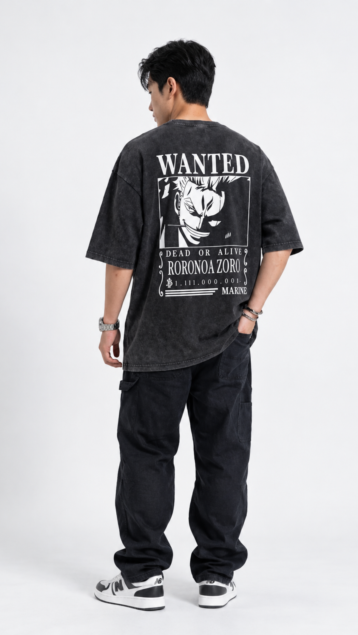Zoro wanted poster print on Dripzy garment-dyed black oversized washed tee