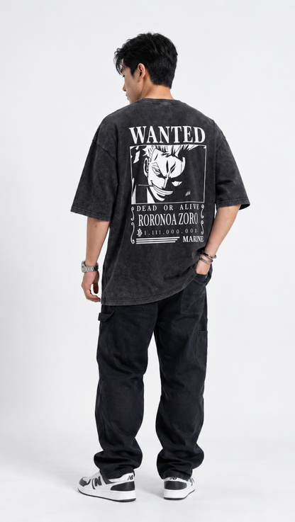 Zoro wanted poster print on Dripzy garment-dyed black oversized washed tee