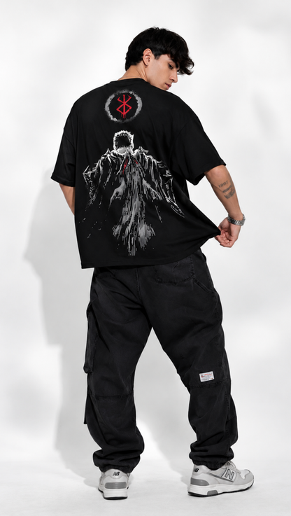 Guts Black Swordsman print detail on Dripzy heavyweight black oversized tee