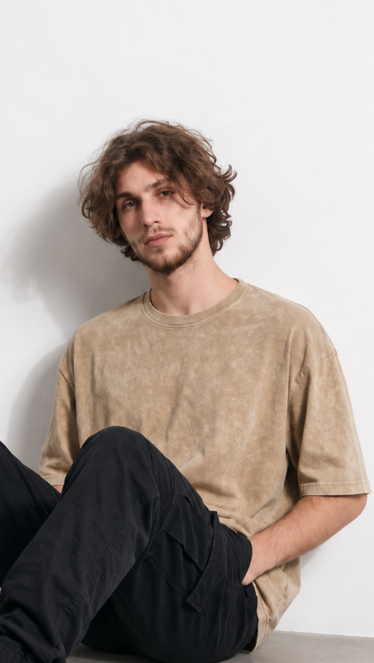 Sand-toned beige washed cotton detail on the Dripzy oversized basic tee