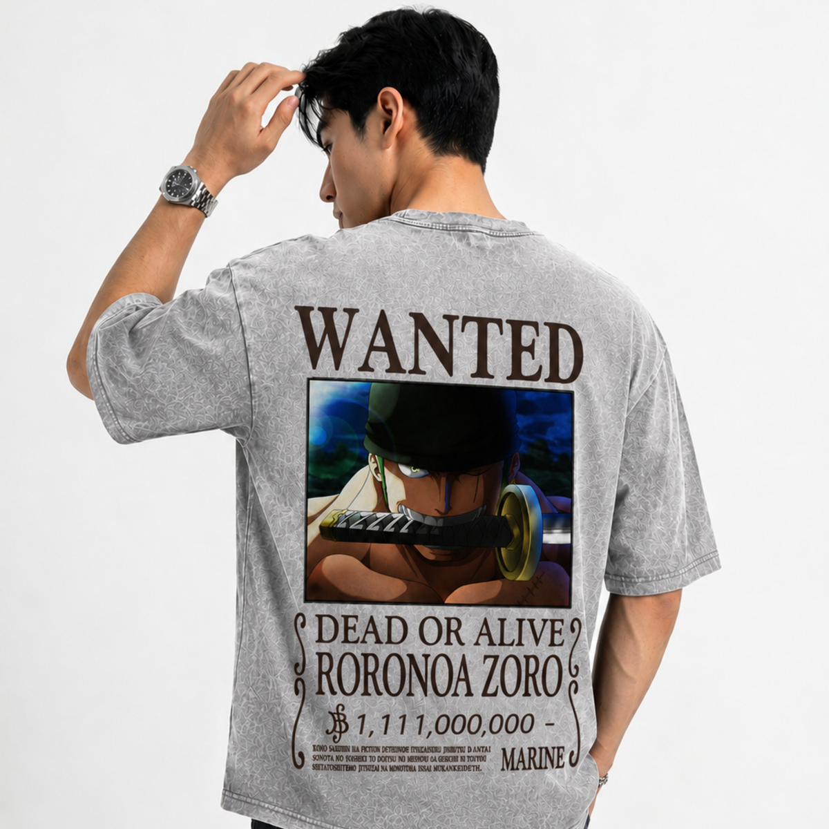 Dripzy Roronoa Zoro wanted washed tee grey - One Piece anime streetwear Pakistan