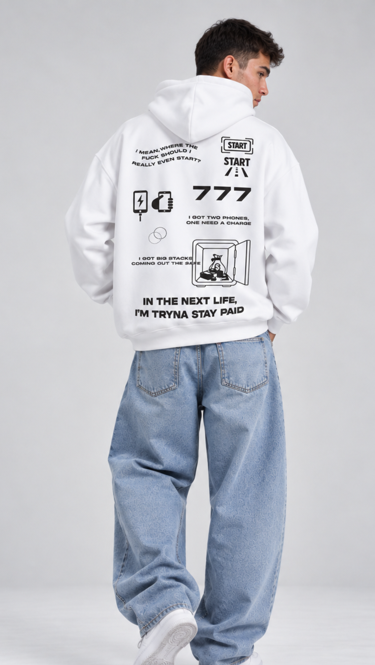 Dripzy 777 Money In The Grave oversized hoodie white - graphic streetwear hoodie Pakistan