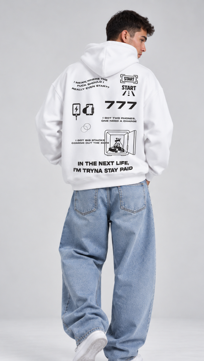 Dripzy 777 Money In The Grave oversized hoodie white - graphic streetwear hoodie Pakistan