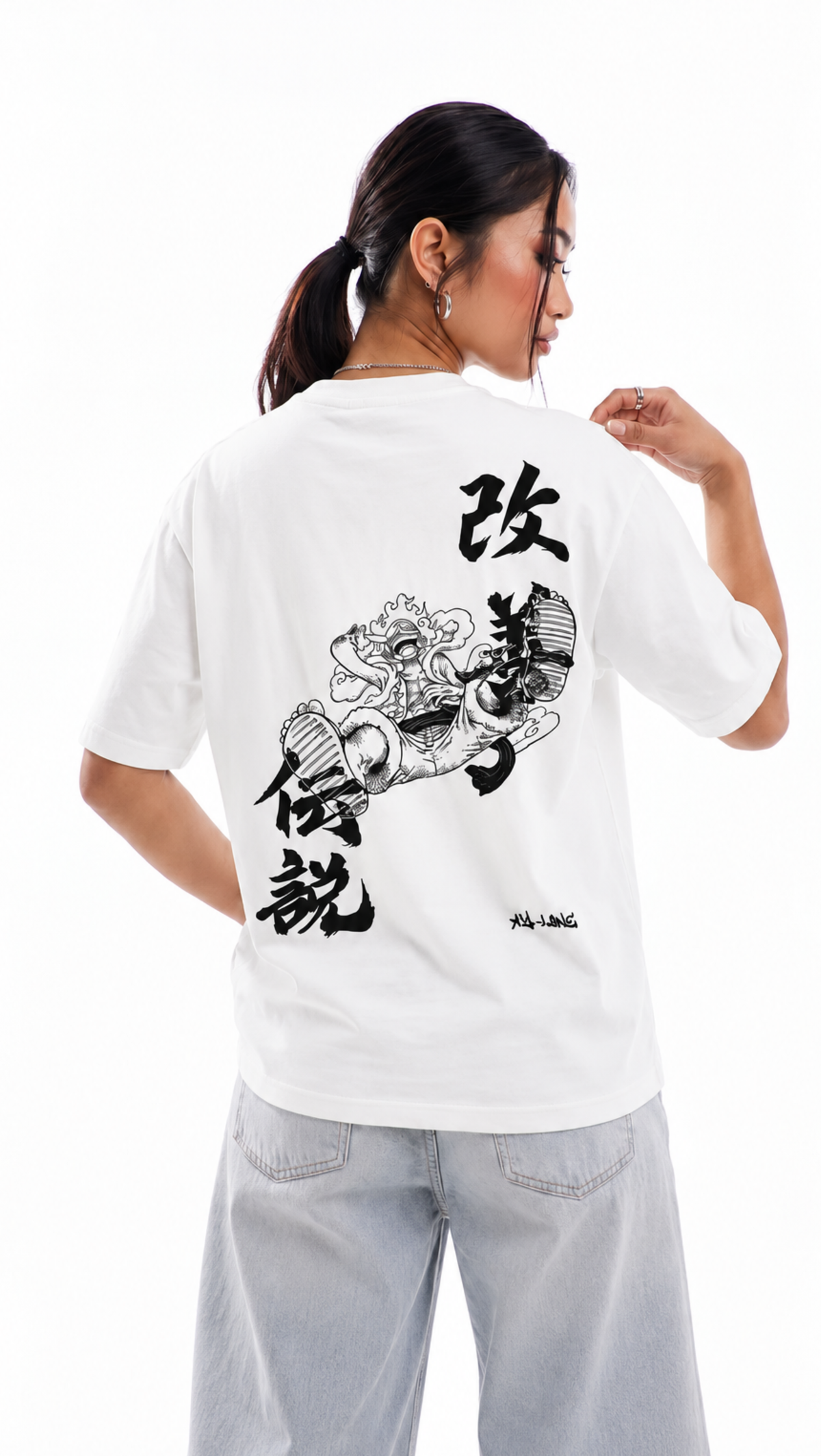 White oversized One Piece Luffy tee by Dripzy with relaxed drop shoulder fit