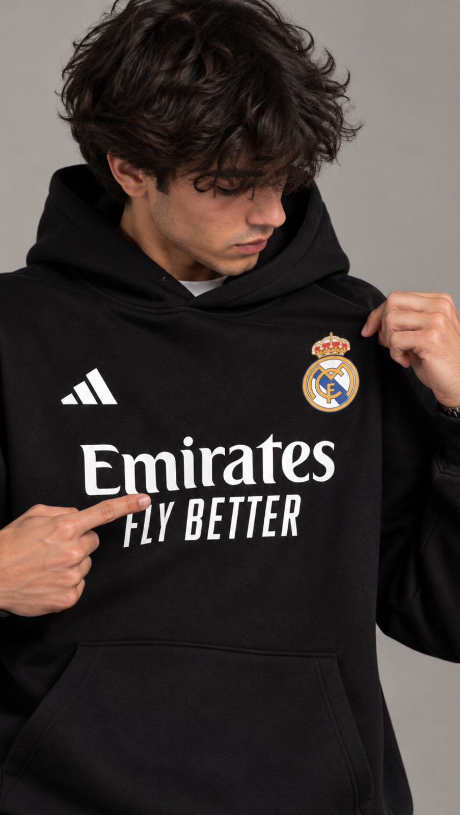 Real Madrid-inspired chest graphic on the Dripzy black oversized 300 GSM fleece hoodie