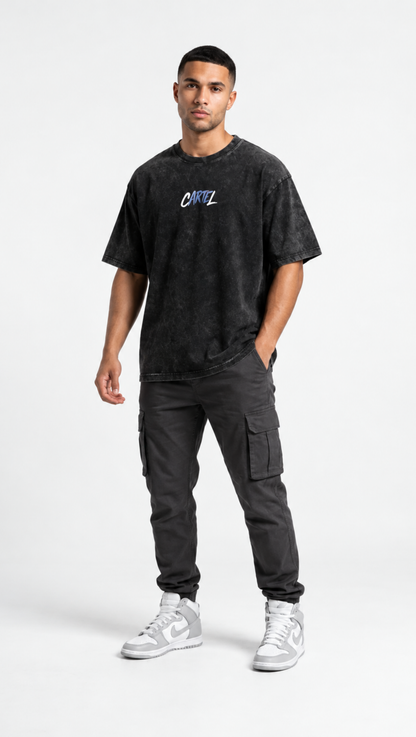 Cartel print on Dripzy garment-dyed black washed oversized cotton tee