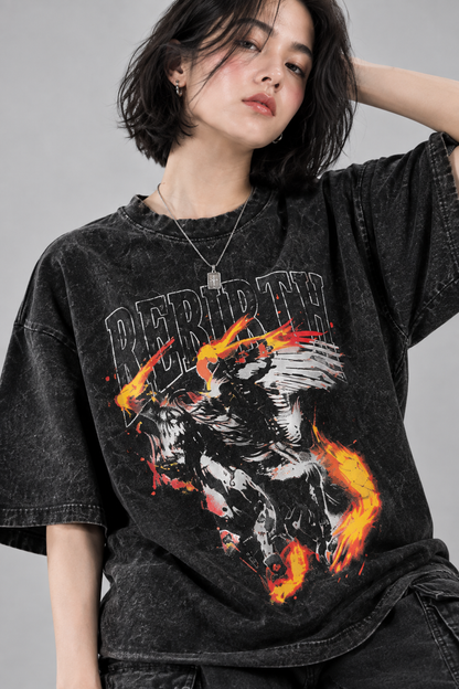 Rebirth Phoenix Washed Oversized Tee – Black
