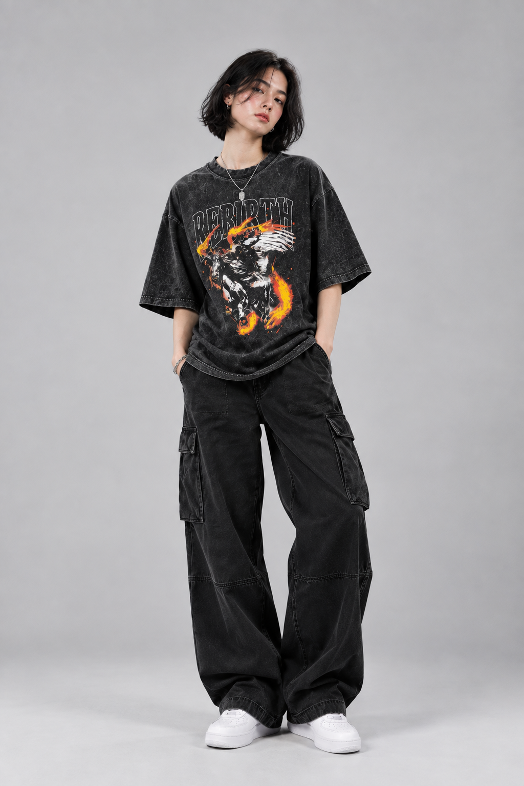 Rebirth Phoenix Washed Oversized Tee – Black