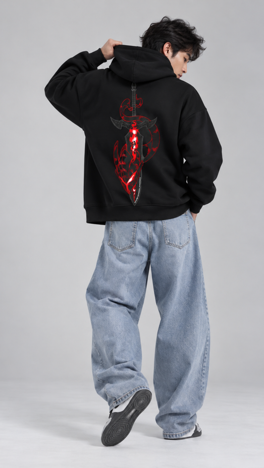 Crimson dagger back graphic on the Dripzy black 300 GSM fleece oversized hoodie