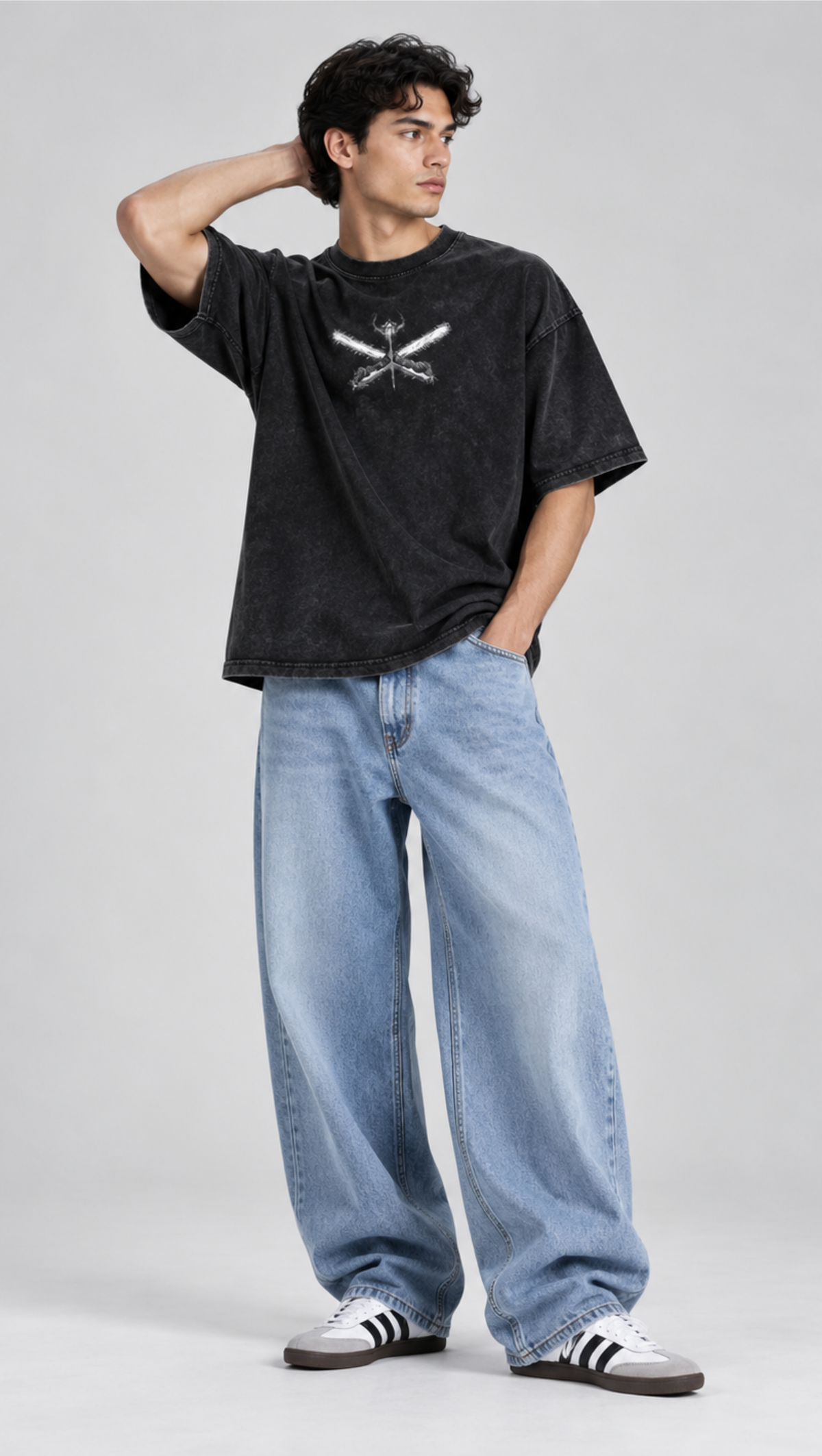 Dripzy Crossed Blades washed oversized tee black - dark fantasy streetwear t-shirt Pakistan