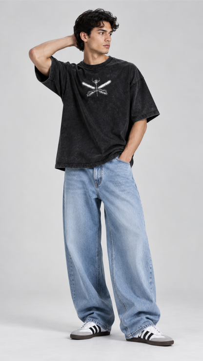 Dripzy Crossed Blades washed oversized tee black - dark fantasy streetwear t-shirt Pakistan
