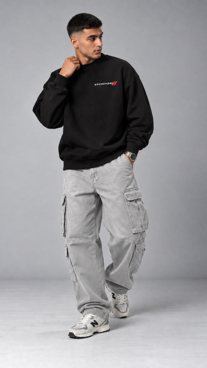 Dripzy Dodge Challenger blueprint oversized sweatshirt black - muscle car streetwear Pakistan