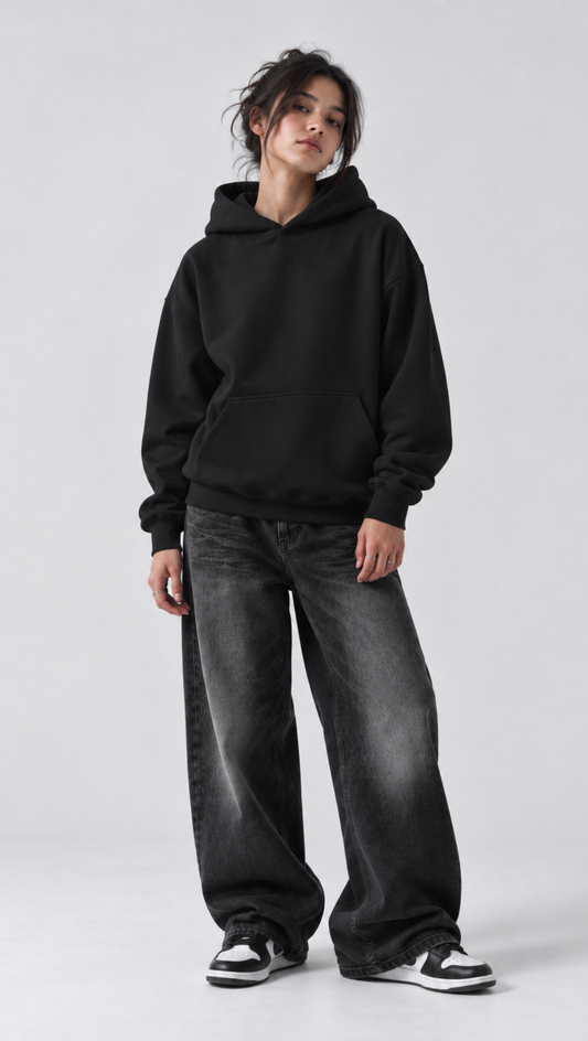 Dripzy Essentials oversized hoodie black - plain 300 GSM fleece streetwear hoodie Pakistan