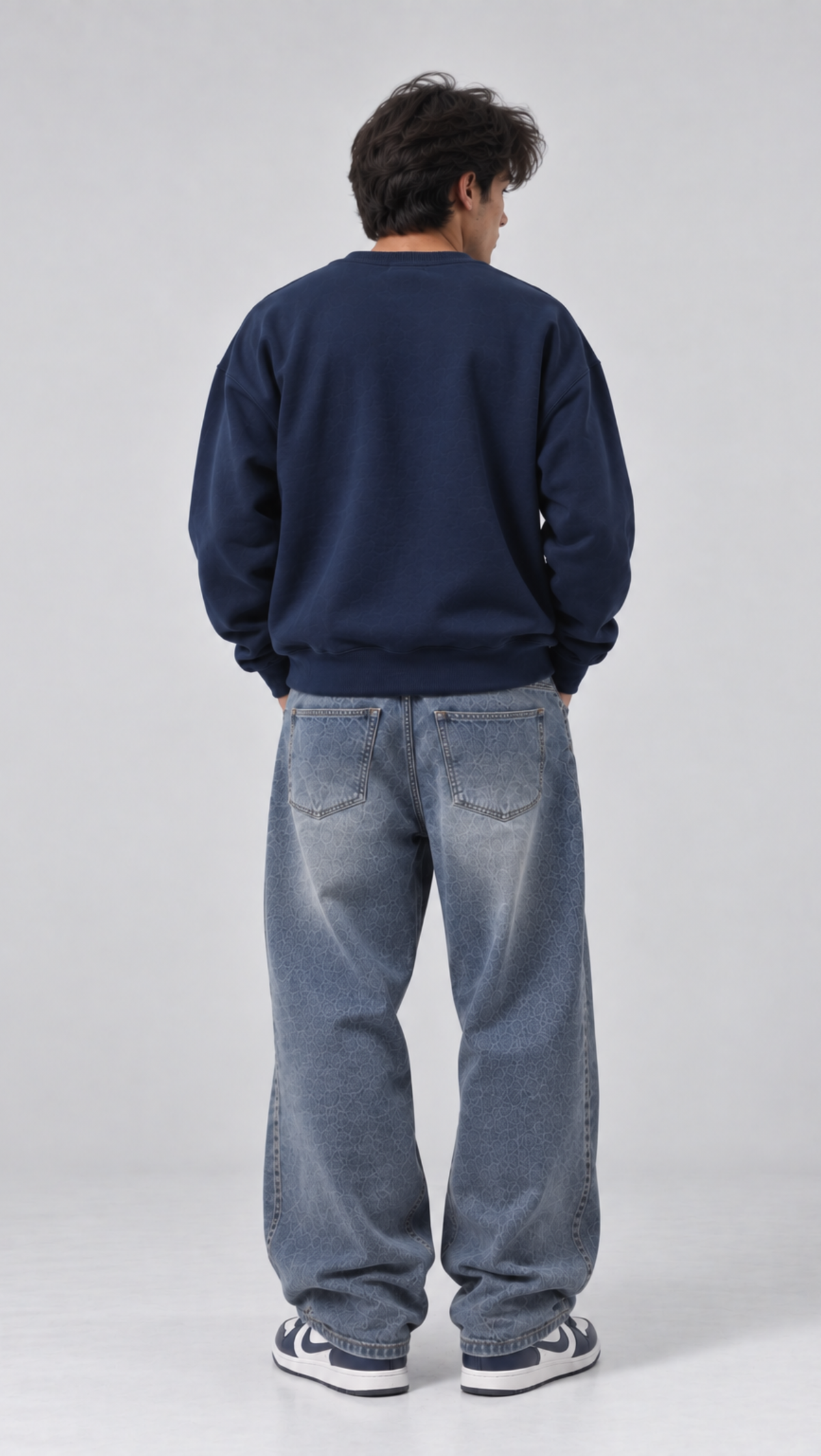 Back view of the Dripzy plain navy oversized fleece crewneck with dropped shoulders