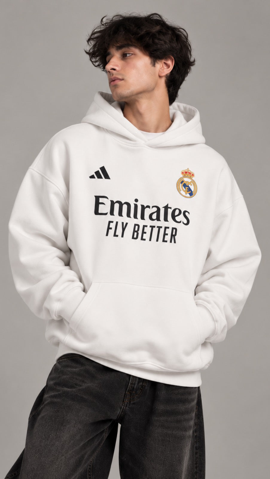 Contrast club graphic detail on the Dripzy white oversized 300 GSM fleece hoodie