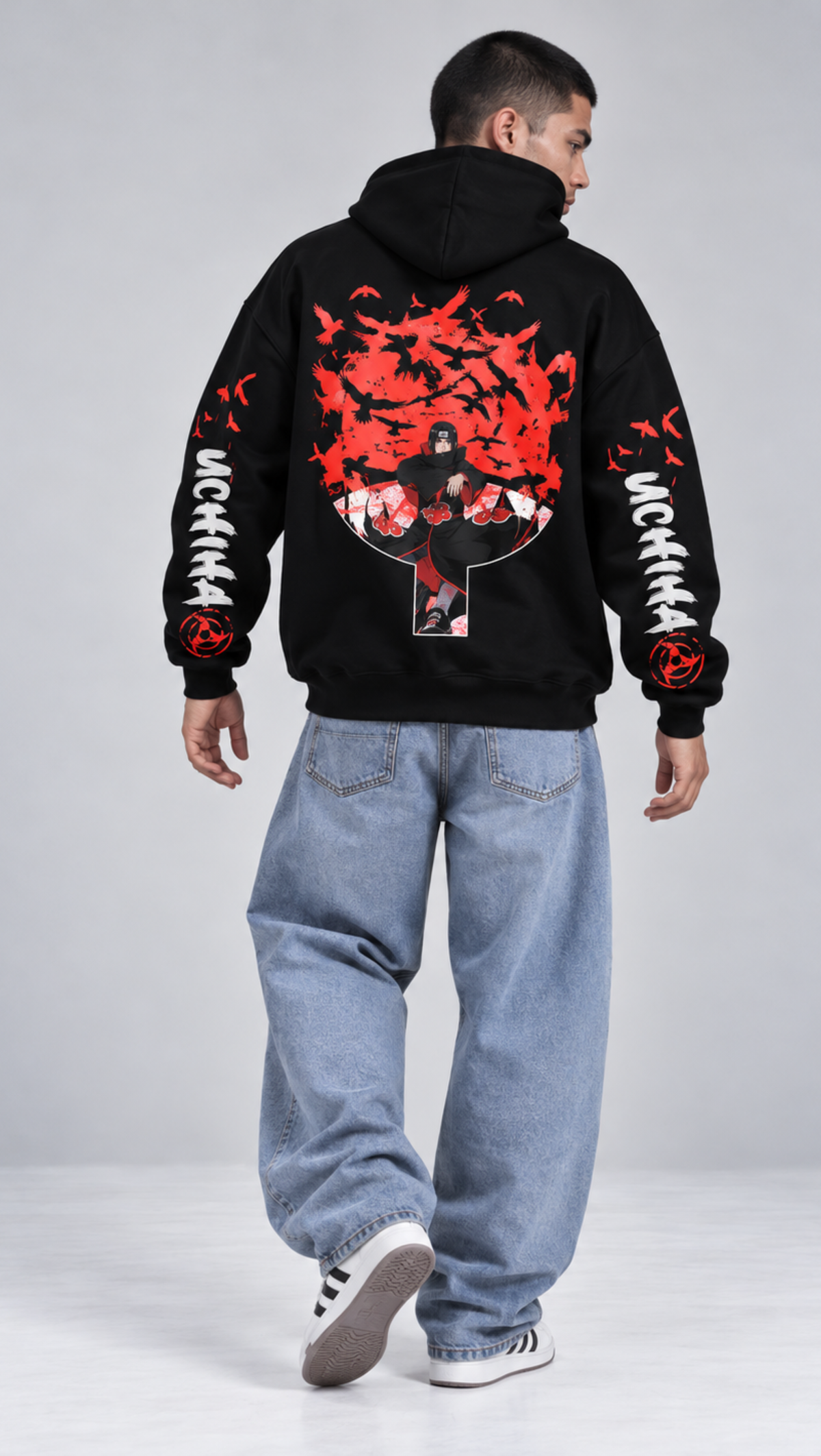 Akatsuki crow storm back print on the Dripzy black 300 GSM fleece Itachi hoodie