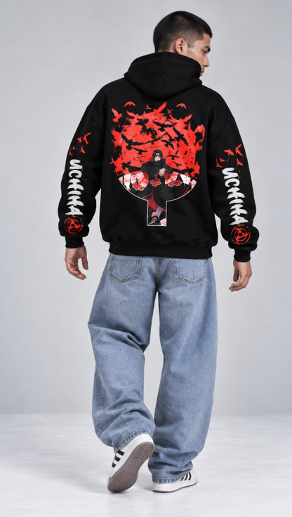 Akatsuki crow storm back print on the Dripzy black 300 GSM fleece Itachi hoodie