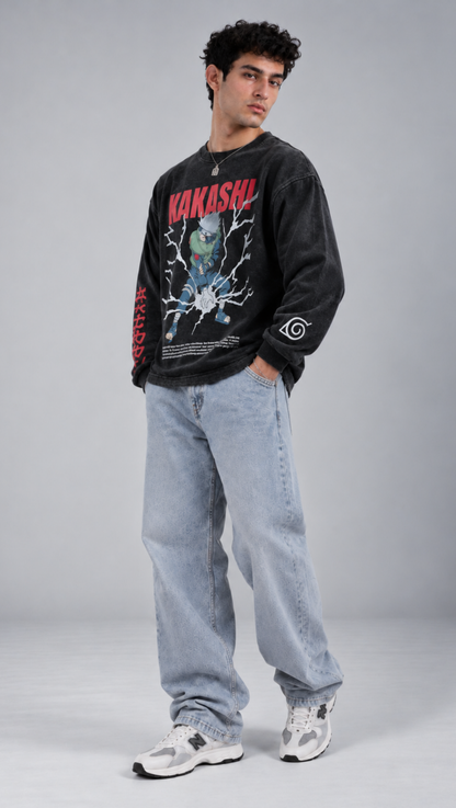 Kakashi comic-style chest print on the Dripzy garment-washed black fleece sweatshirt