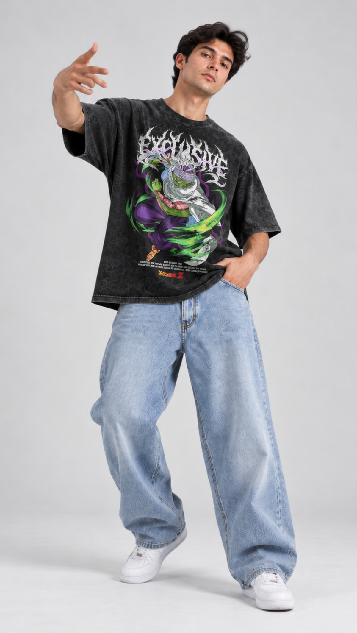 Poster-style Piccolo print on the Dripzy garment-washed black oversized cotton tee