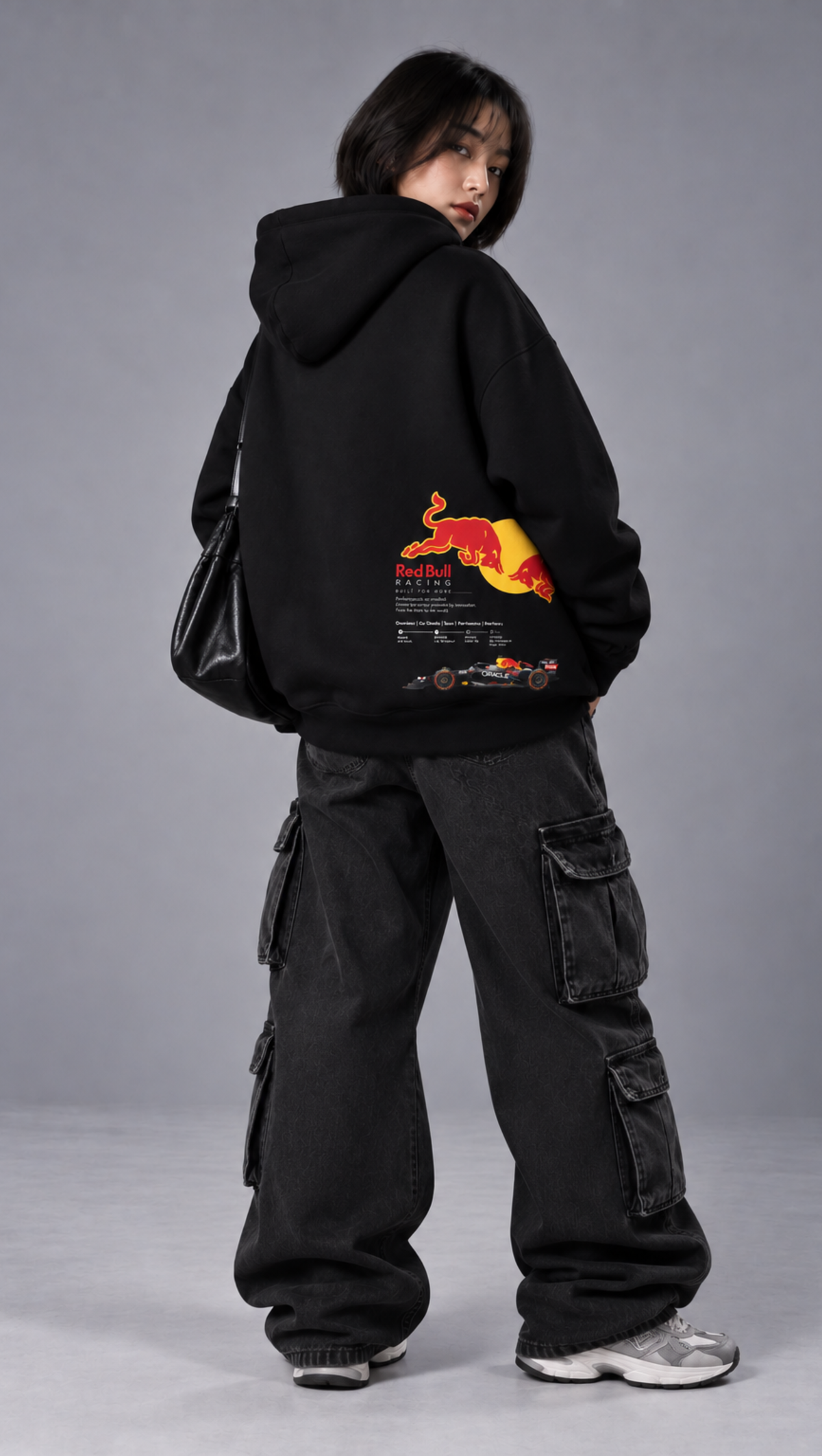Red Bull Racing team livery back graphic on the Dripzy black 300 GSM fleece hoodie
