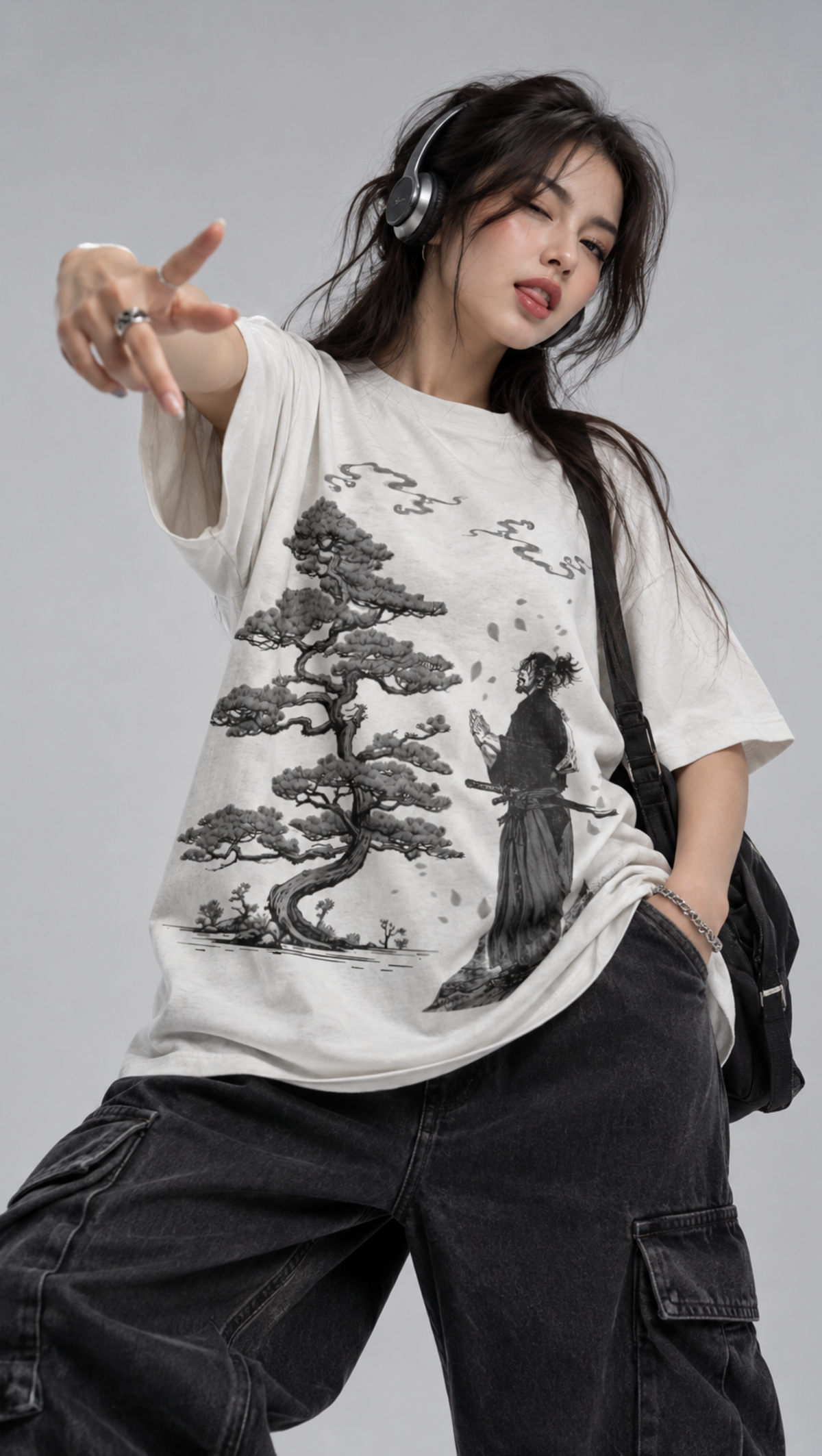 Dripzy Samurai Bonsai oversized tee off-white - Japanese ink wash streetwear t-shirt Pakistan