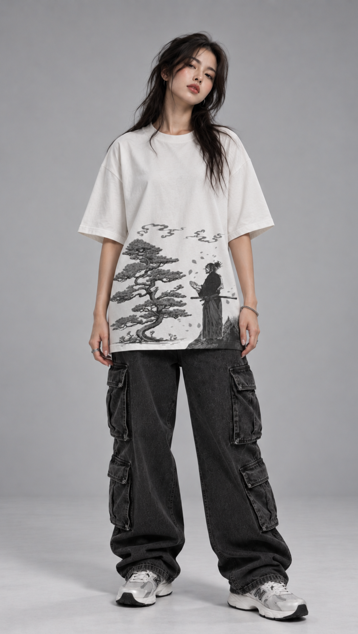 Ink-wash bonsai and samurai print on the Dripzy off-white oversized cotton tee