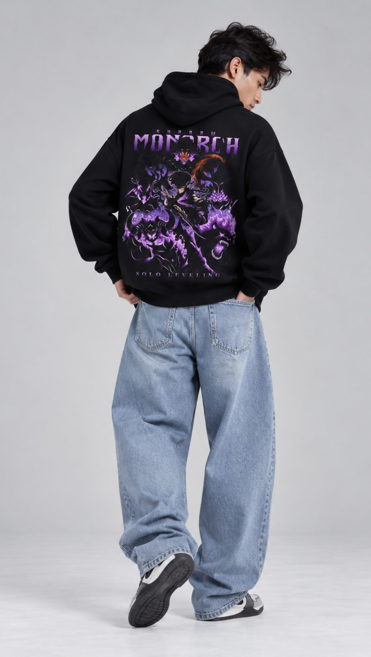 Purple shadow army back print on the Dripzy black 300 GSM fleece oversized hoodie