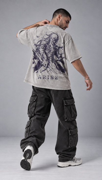 ARISE shadow warrior back print on the Dripzy grey garment-washed oversized tee