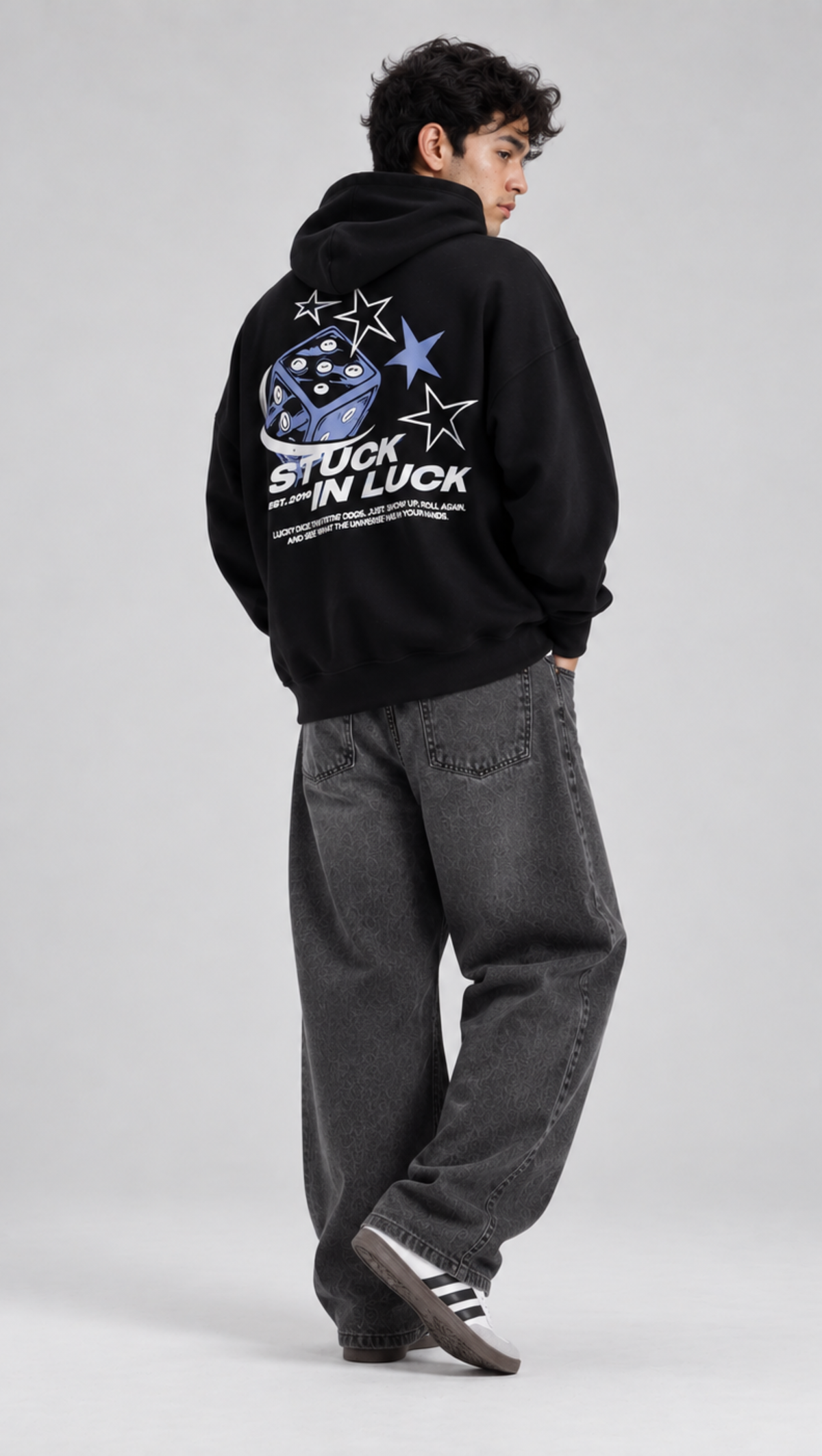 Rolling dice back print on the Dripzy black 300 GSM fleece oversized hoodie