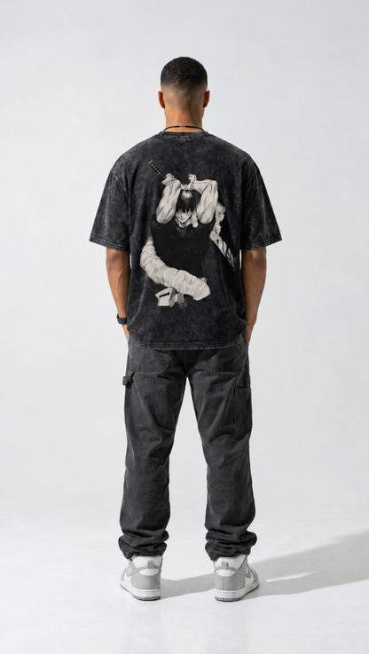 Bandaged back print detail on the Dripzy black garment-dyed Toji washed tee