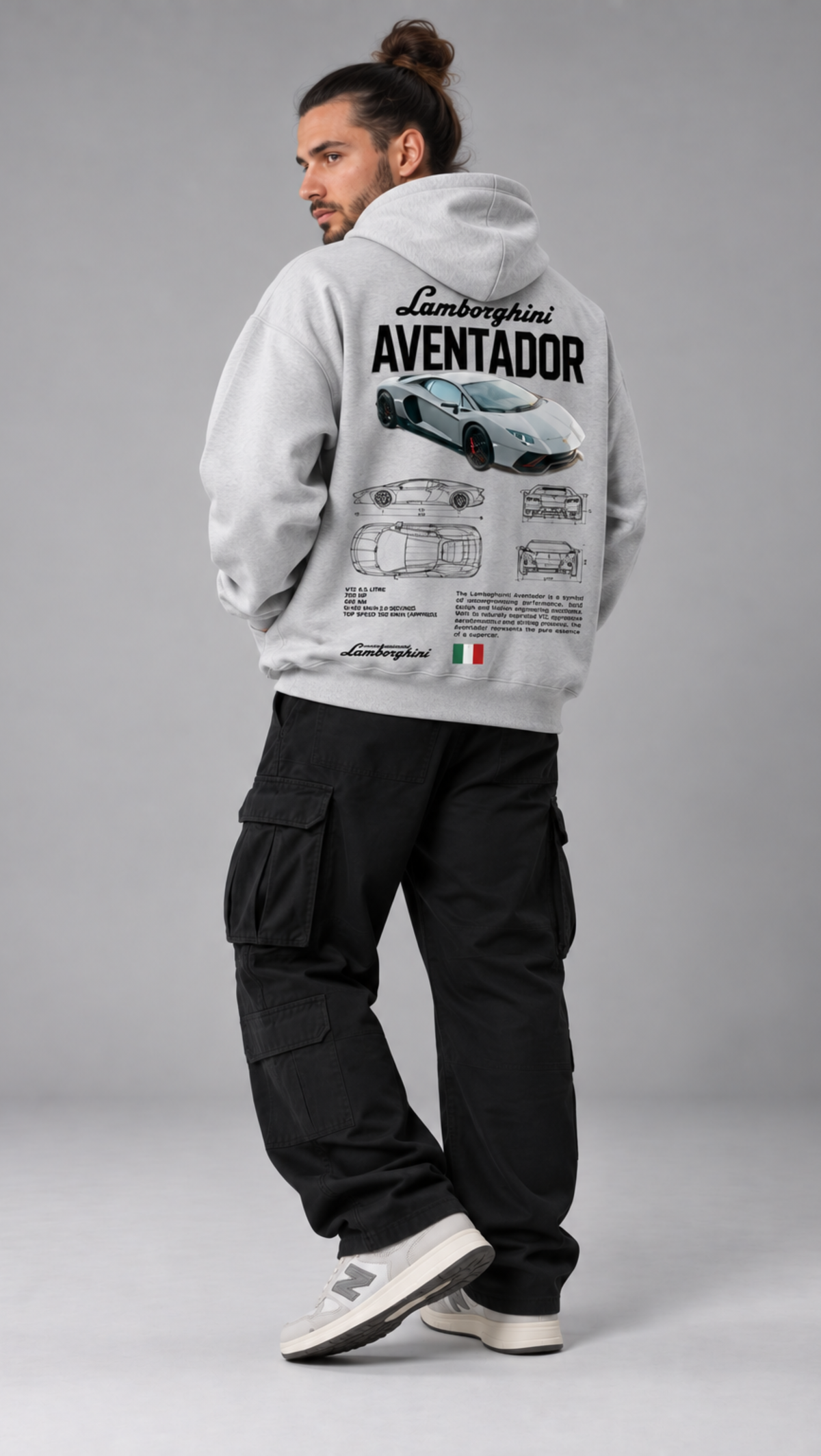 Aventador blueprint back print on the Dripzy grey 300 GSM fleece oversized hoodie