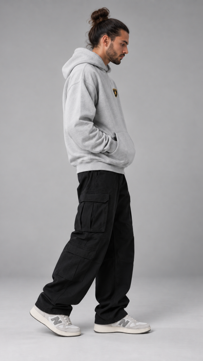 Side view of the Dripzy grey Lamborghini oversized hoodie showing the dropped shoulder fit