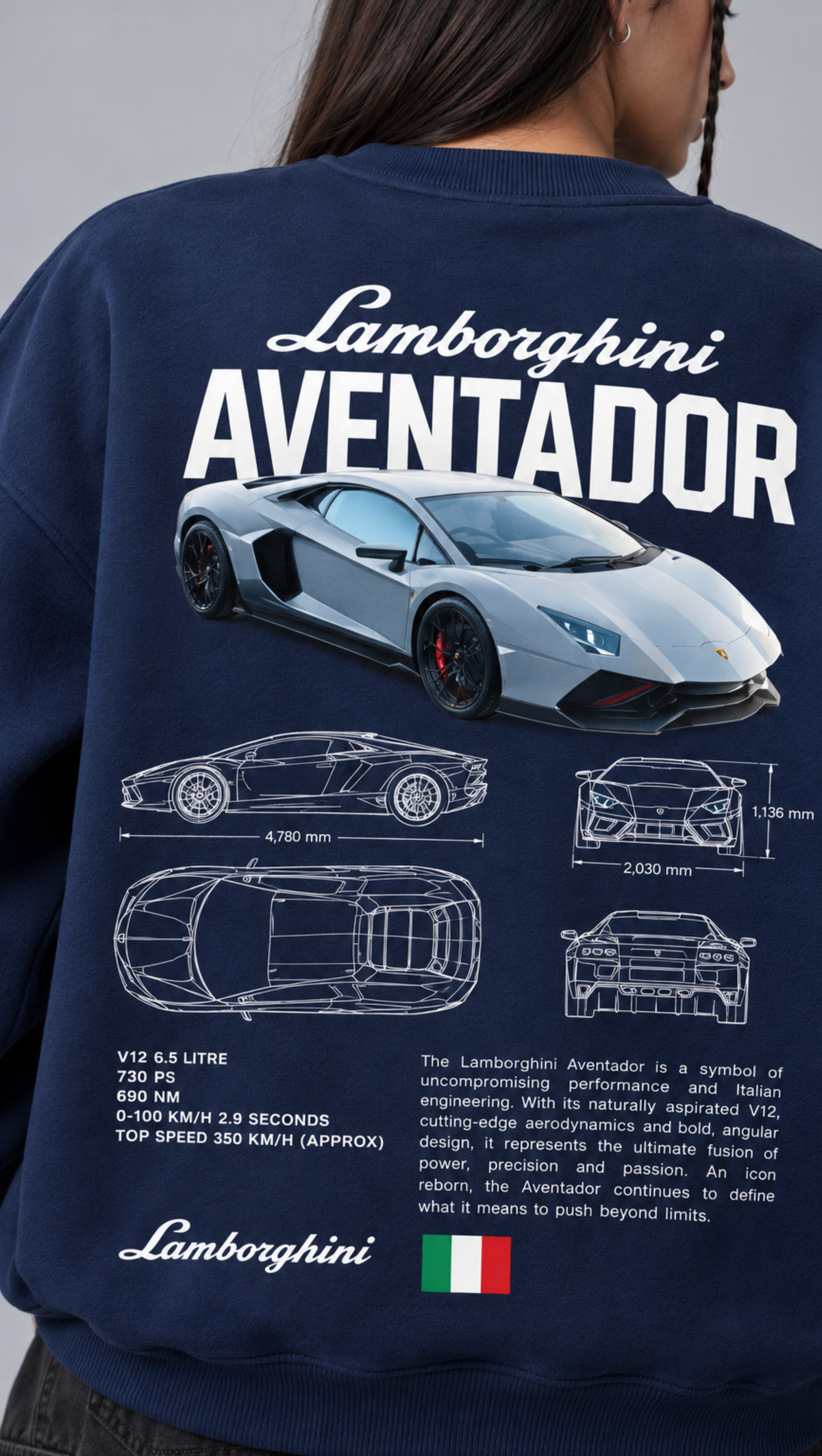 Aventador hero shot and blueprint detail on the back of the Dripzy navy fleece sweatshirt