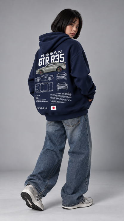 GT-R R35 blueprint and spec print across the back of the Dripzy navy fleece hoodie