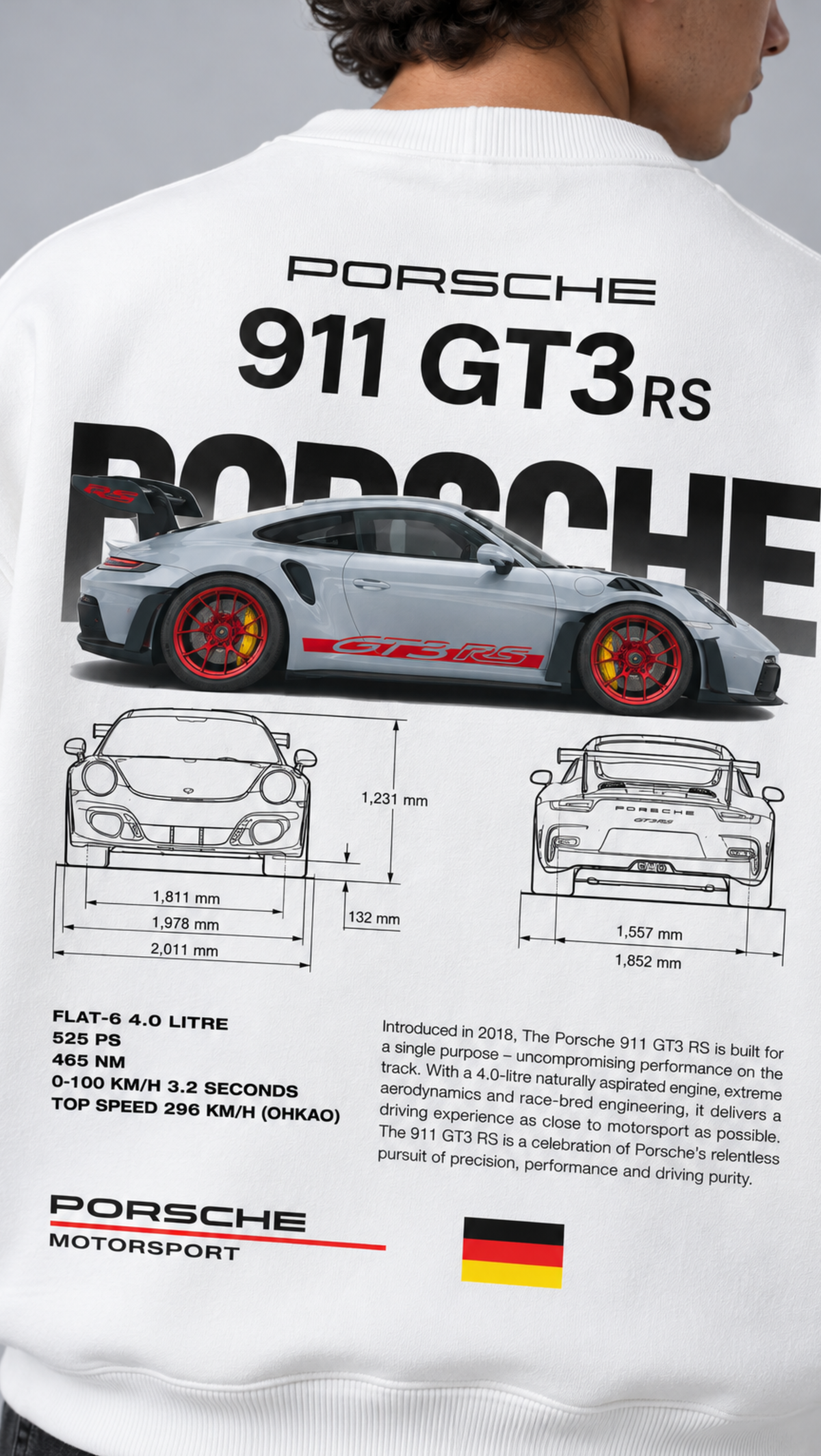 Close-up of the GT3 RS blueprint line-art on the Dripzy white oversized crewneck