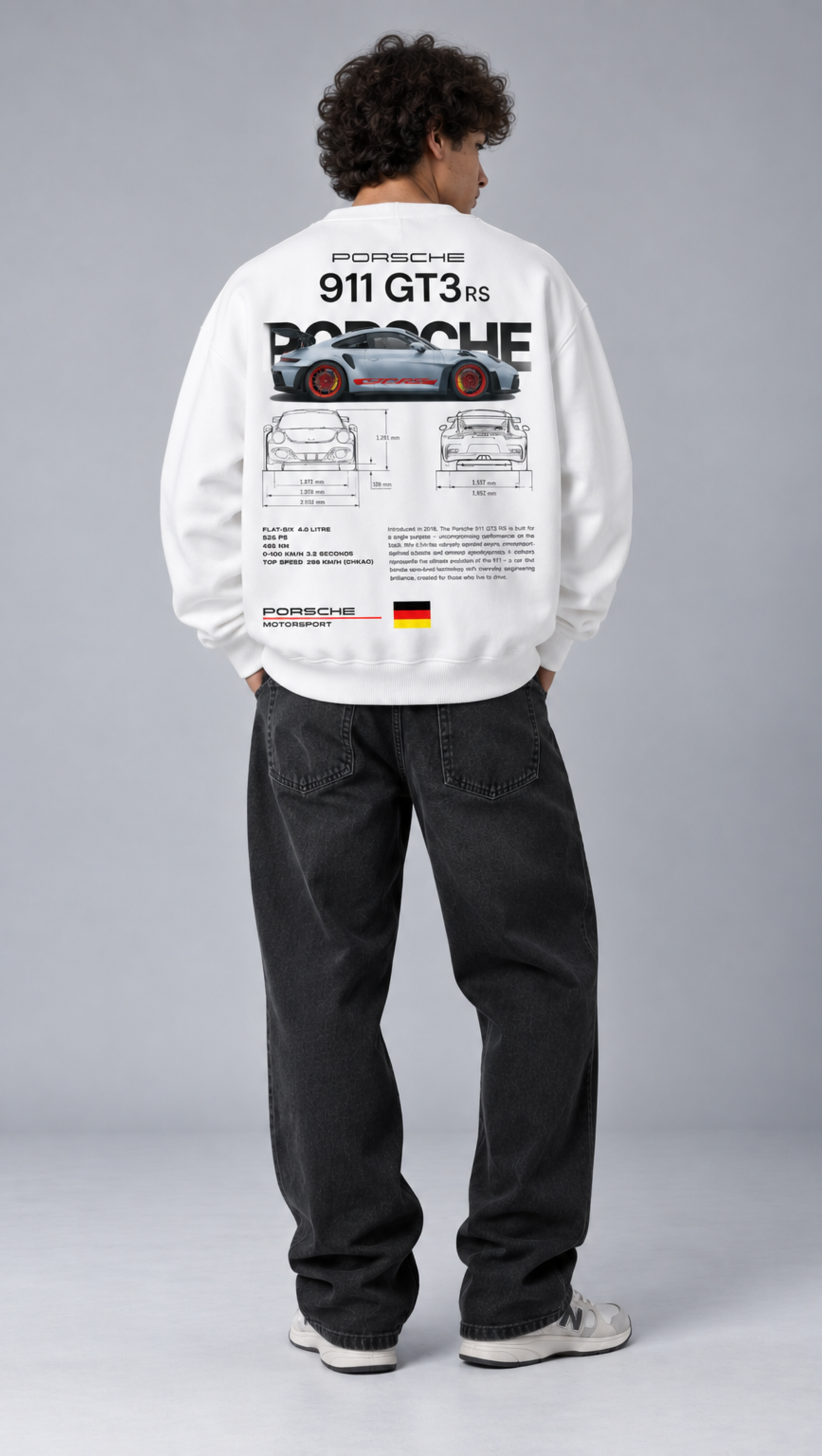 911 GT3 RS hero graphic printed across the back of the Dripzy white fleece sweatshirt
