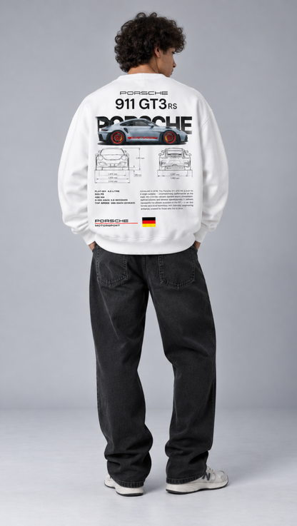 911 GT3 RS hero graphic printed across the back of the Dripzy white fleece sweatshirt