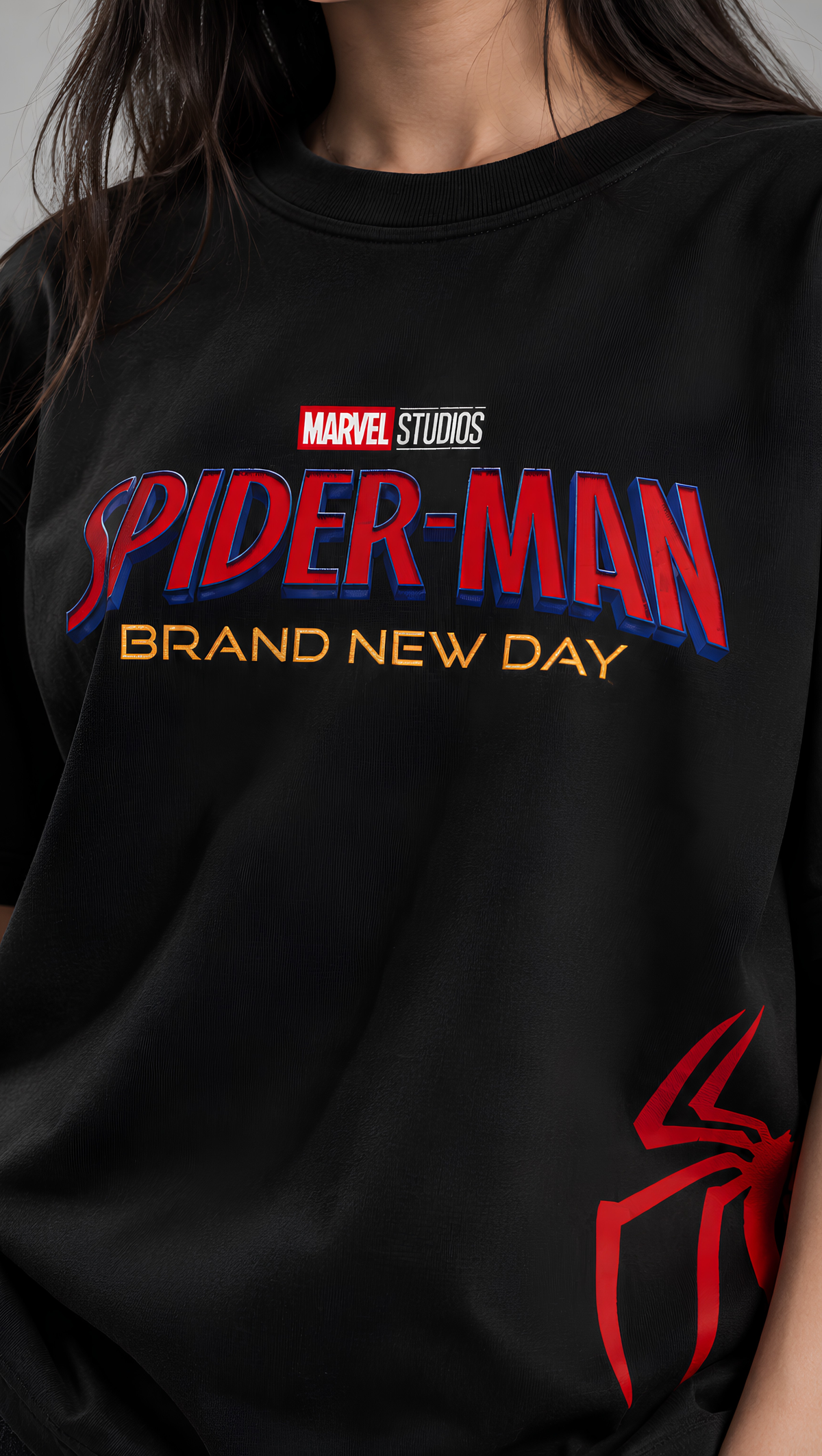 Brand New Day movie logo shown close up on the Dripzy black oversized cotton tee